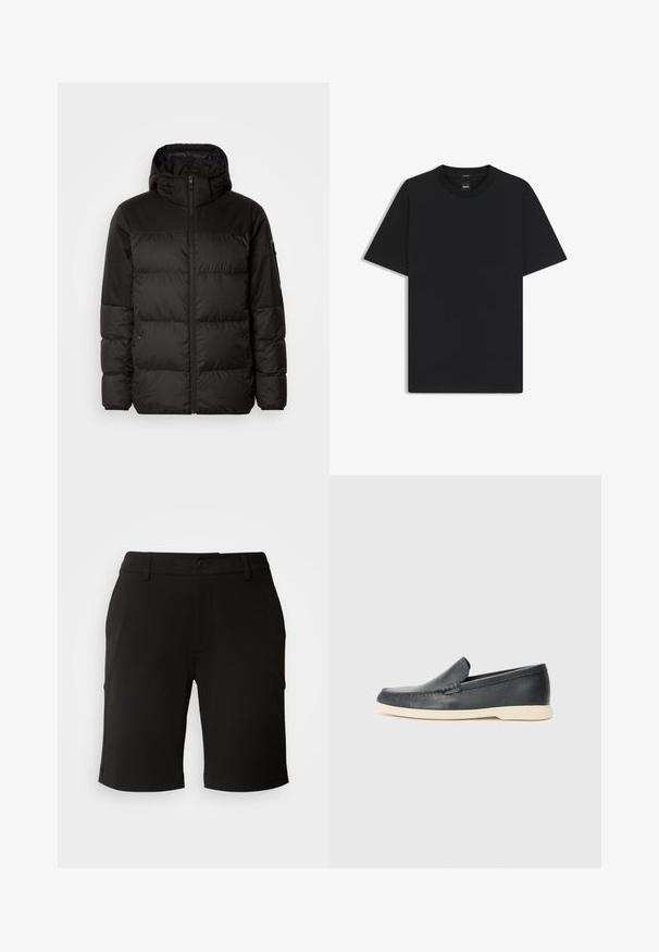 Black puffer jacket features a zip closure, a hood, quilted sections, and elastic cuffs, made from a smooth, water-resistant material.; Black short-sleeve T-shirt made from a smooth cotton blend, featuring a crew neckline and a minimalistic design with no patterns or accents.; Black shorts made of soft fabric with a tailored design, featuring a front button closure and two side pockets. Hem is turned up slightly.; Black leather slip-on loafers with a textured finish and a contrasting beige rubber sole. Features a subtle accent along the front.