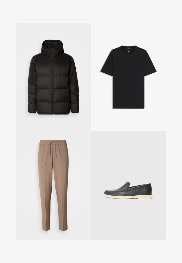 Zwarte pufferjas met ritsluiting, een capuchon, gequiltte secties en elastische manchetten, gemaakt van een glad, waterafstotend materiaal.; Zwarte korte mouwen T-shirt van een gladde katoenmix, met een ronde halslijn en een minimalistisch ontwerp zonder patronen of accenten.; Bruine, geweven stoffen broek met een relaxte pasvorm, trekkoord taille en plooien aan de voorkant. Rechte pijpen en geen zichtbare zakken of hardware.; Zwarte leren instappers met een gestructureerde afwerking en een contrasterende beige rubberen zool. Beschikt over een subtiele accent langs de voorkant.