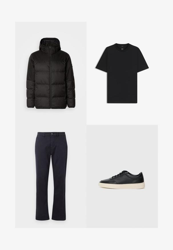 Svart puffjacka med blixtlås, huva, quiltade sektioner och elastiska mudd, tillverkad av ett slätt, vattentåligt material.; Svart kortärmad T-shirt i en mjuk bomullsblandning, med rundad halsringning och en minimalistisk design utan mönster eller detaljer.; Mörk marinblå byxor med rak passform, bältesöglor och knappstängning fram, uppvisade mot en vit bakgrund.; Svart låg skor i läder med svarta snören och off-white sula, visas i sidoprofil på vit bakgrund.