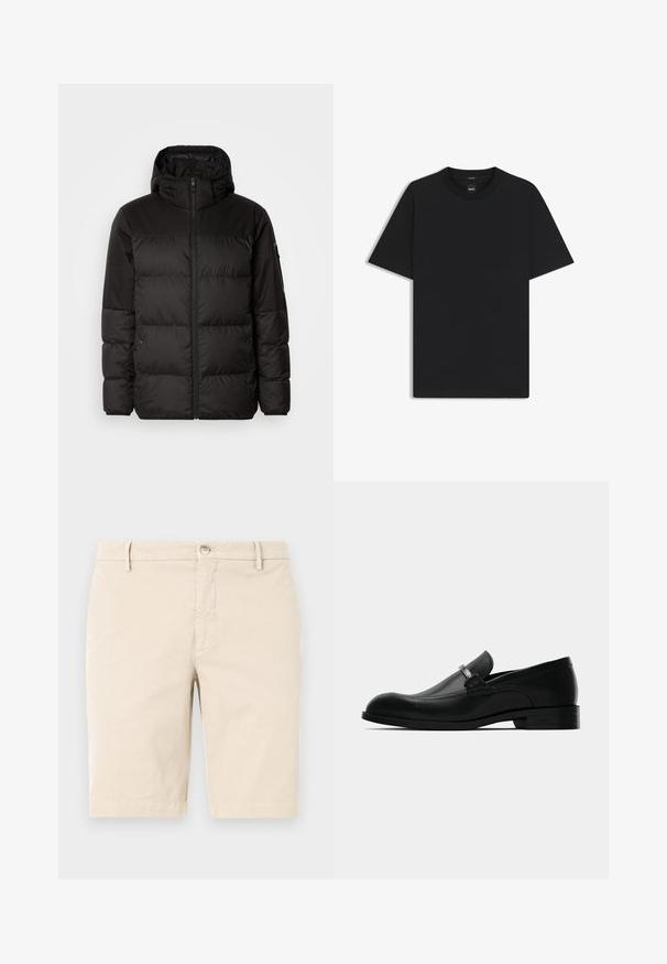 Il giubbotto puffo nero presenta una chiusura con zip, un cappuccio, sezioni trapuntate e polsini elastici, realizzato in un materiale liscio e resistente all'acqua.; Maglietta nera a maniche corte realizzata in un morbido misto cotone, con scollatura a girocollo e un design minimalista senza motivi o dettagli.; Pantaloni shorts in cotone beige con parte anteriore piatta, chiusura zip con bottone e tasche laterali. Texture liscia e design alla lunghezza del ginocchio.; Mocassino da uomo in pelle nera con dettaglio in metallo, tacco basso e suola con marchio, mostrato di lato su uno sfondo bianco.