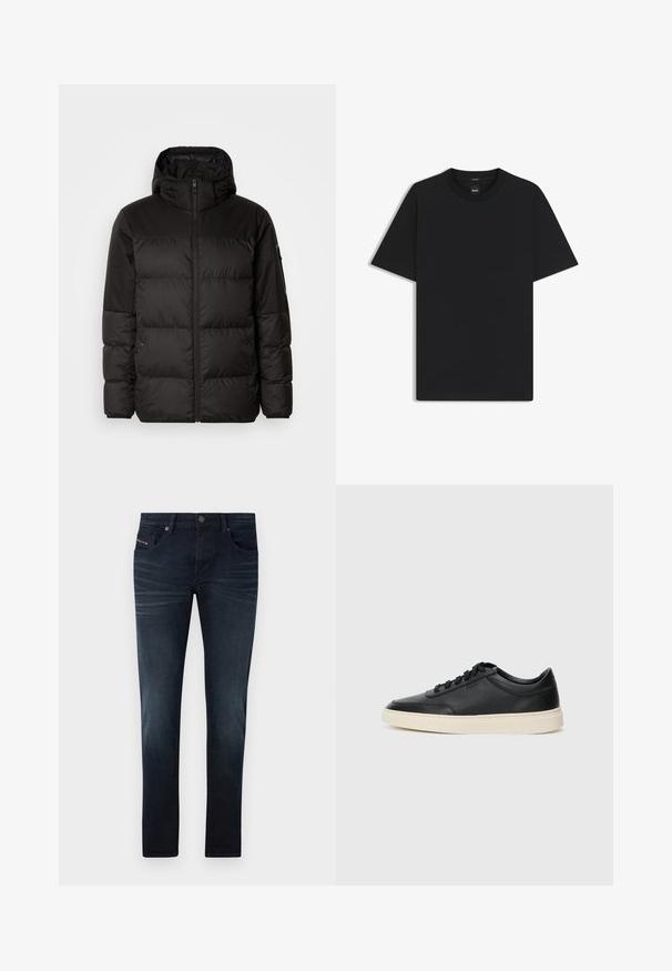 Musta puhvijakku sisältää vetoketjun, hupun, tilkuista koostuvia osioita ja joustavat hihansuut. Se on valmistettu sileästä, vedenpitävästä materiaalista.; Musta lyhythiha T-paita, joka on valmistettu sileästä puuvillasekoitteesta. Paita on varustettu pyöreällä pääntiehen ja siinä on minimaalinen muotoilu ilman kuvioita tai yksityiskohtia.; Tummansiniset farkut slim fit -leikkauksella, joissa on viisi taskua, hienovaraisia kulumia ja metallinen nappikiinnitys vyötäröllä.; Musta matalavartinen nahkastretchu, jossa on mustat nauhat ja vaaleanharmaa pohja, esitetty sivuprofiilissa valkoista taustaa vasten.