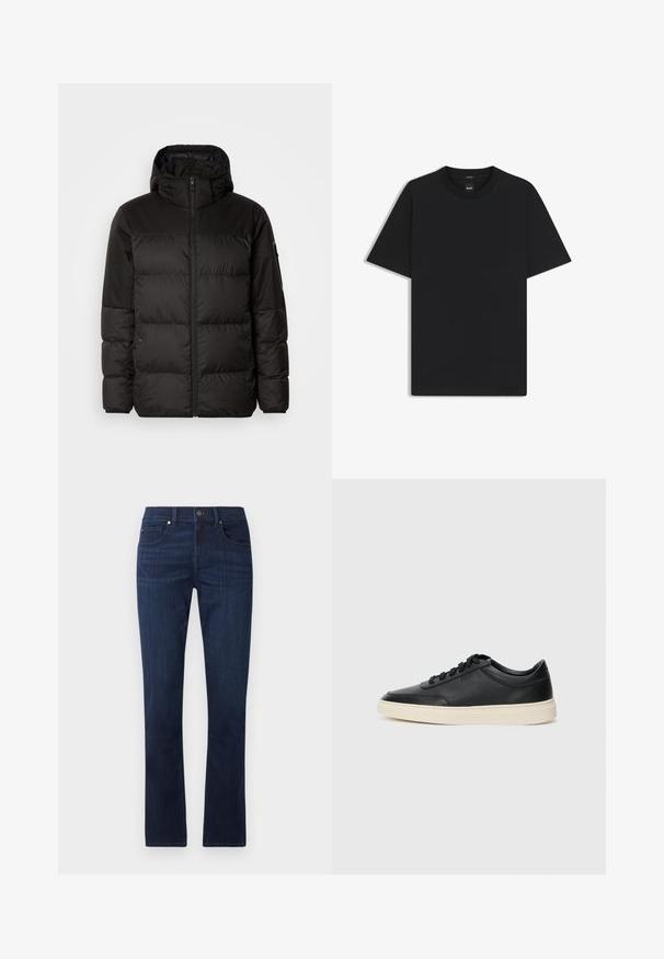 Zwarte pufferjas met ritsluiting, een capuchon, gequiltte secties en elastische manchetten, gemaakt van een glad, waterafstotend materiaal.; Zwarte korte mouwen T-shirt van een gladde katoenmix, met een ronde halslijn en een minimalistisch ontwerp zonder patronen of accenten.; Donkerblauwe denim jeans met een recht gesneden pijp, voorzien van een knoop- en ritsluiting aan de voorkant, en een klassieke vijf-pocket stijl.; Zwarte leren sneaker met lage schacht, zwarte veters en off-white zool, weergegeven in zijprofiel op een witte achtergrond.