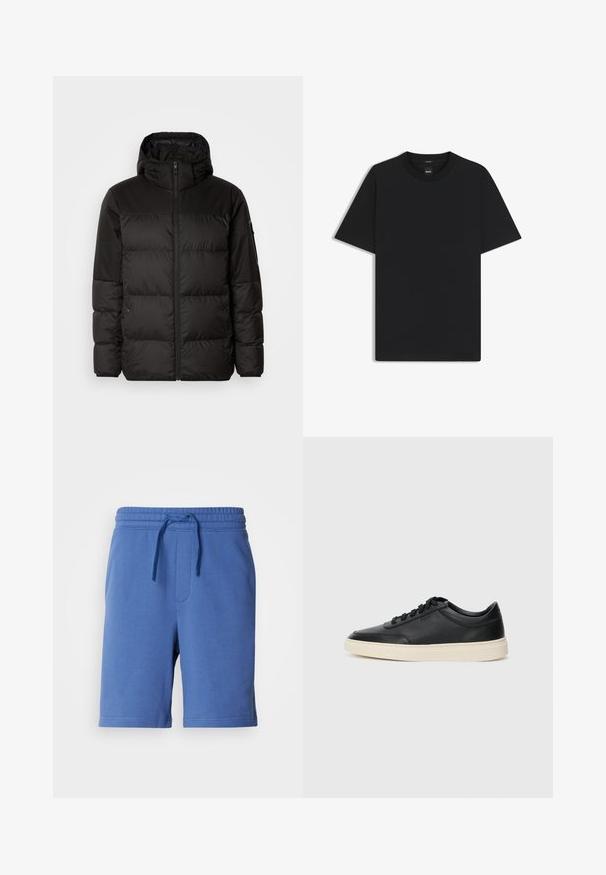 Zwarte pufferjas met ritsluiting, een capuchon, gequiltte secties en elastische manchetten, gemaakt van een glad, waterafstotend materiaal.; Zwarte korte mouwen T-shirt van een gladde katoenmix, met een ronde halslijn en een minimalistisch ontwerp zonder patronen of accenten.; Blauwe katoenen shorts met een elastische tailleband, trekkoord en zijzak. Zachte textuur, knielange uitstraling, minimale merkdetails.; Zwarte leren sneaker met lage schacht, zwarte veters en off-white zool, weergegeven in zijprofiel op een witte achtergrond.