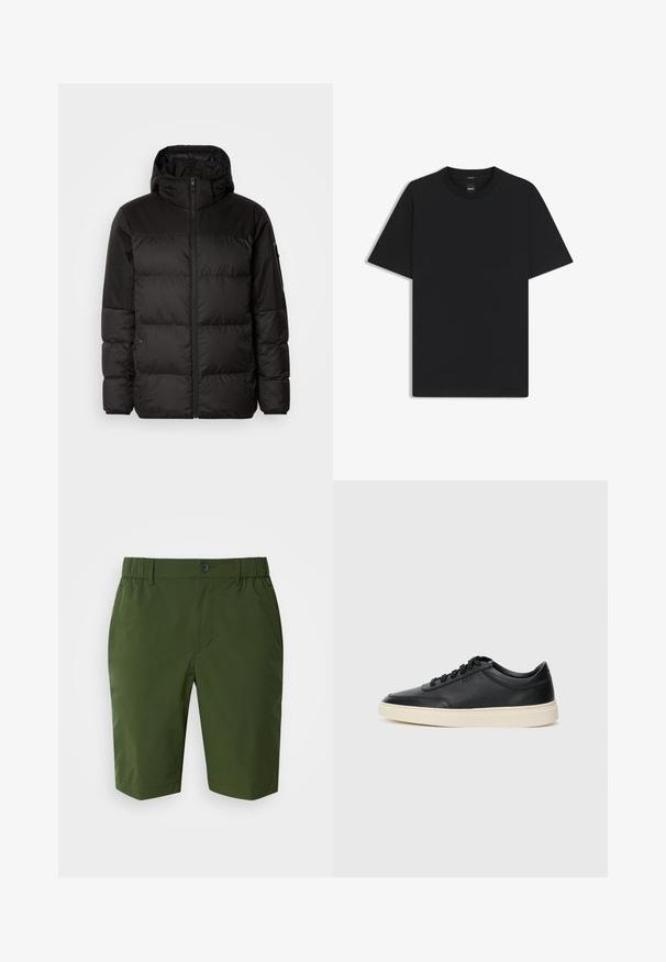 Zwarte pufferjas met ritsluiting, een capuchon, gequiltte secties en elastische manchetten, gemaakt van een glad, waterafstotend materiaal.; Zwarte korte mouwen T-shirt van een gladde katoenmix, met een ronde halslijn en een minimalistisch ontwerp zonder patronen of accenten.; Donkergroene shorts met een elastische tailleband en een enkele knoopsluiting. Gladde, lichte stof, voorzien van twee zijzakken en een getailleerde pasvorm.; Zwarte leren sneaker met lage schacht, zwarte veters en off-white zool, weergegeven in zijprofiel op een witte achtergrond.