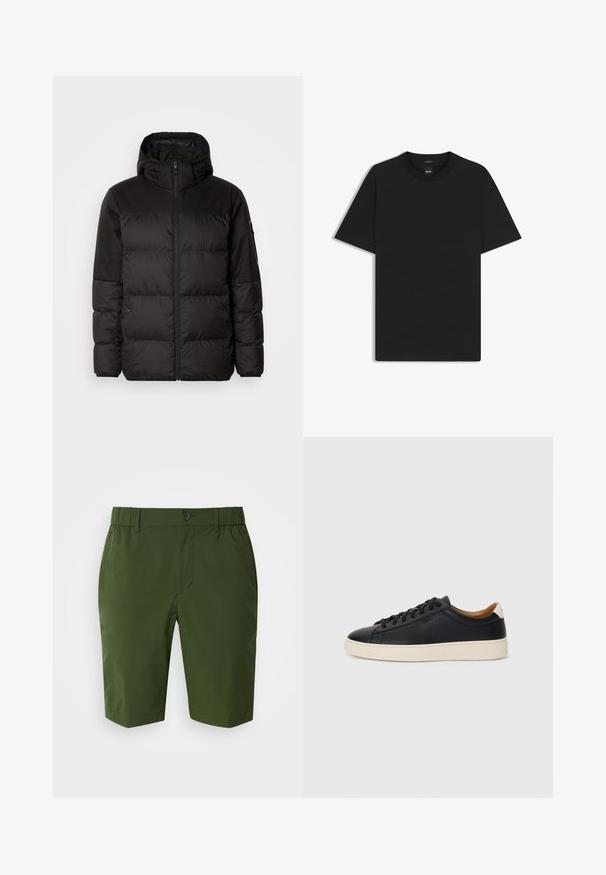 Black puffer jacket features a zip closure, a hood, quilted sections, and elastic cuffs, made from a smooth, water-resistant material.; Black short-sleeve T-shirt made from a smooth cotton blend, featuring a crew neckline and a minimalistic design with no patterns or accents.; Dark green shorts with an elastic waistband and a single button closure. Smooth, lightweight fabric, featuring two side pockets and a tailored fit.; Black leather sneakers with a smooth texture, beige rubber sole, lace-up design, and a contrasting heel accent.