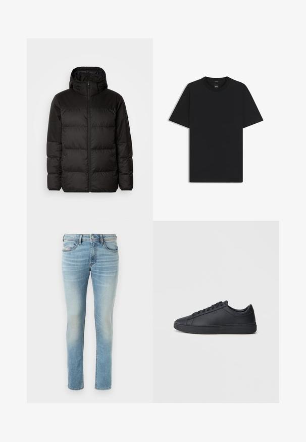 Svart puffjacka med blixtlås, huva, quiltade sektioner och elastiska mudd, tillverkad av ett slätt, vattentåligt material.; Svart kortärmad T-shirt i en mjuk bomullsblandning, med rundad halsringning och en minimalistisk design utan mönster eller detaljer.; Ljust blå denimjeans med en figurnära passform, femfickdesign och subtil blekning, med knappknäppning och bälteshällor.; Svarta sneakers i slätt läder med låg design, rund tå och platt gummisula. Har snörning och subtil branding.