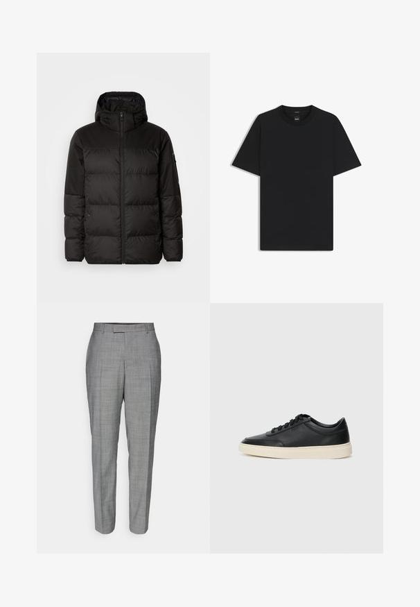 Musta puhvijakku sisältää vetoketjun, hupun, tilkuista koostuvia osioita ja joustavat hihansuut. Se on valmistettu sileästä, vedenpitävästä materiaalista.; Musta lyhythiha T-paita, joka on valmistettu sileästä puuvillasekoitteesta. Paita on varustettu pyöreällä pääntiehen ja siinä on minimaalinen muotoilu ilman kuvioita tai yksityiskohtia.; Harmaat räätälöidyt housut, joissa on hienovarainen ruutukuosi, suora leikkaus ja sileä pinta, litteä etuosa sekä vyölenkit.; Musta matalavartinen nahkastretchu, jossa on mustat nauhat ja vaaleanharmaa pohja, esitetty sivuprofiilissa valkoista taustaa vasten.