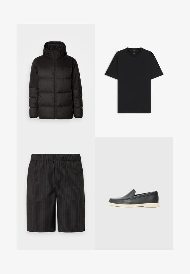 Sort pufferjakke med lynlås, hætte, quiltede sektioner og elastiske manchetter, lavet af et glat, vandafvisende materiale.; Sort kortærmet T-shirt lavet af en glat bomuldsblanding, med en rund halsudskæring og et minimalistisk design uden mønstre eller accenter.; Sorte shorts med subtile vertikale hvide striber, elastisk talje og to sidelommer, lavet af let, tekstureret stof.; Sorte læder slip-on loafers med en struktureret overflade og en kontrasterende beige gummisål. Har en subtil detalje langs forsiden.