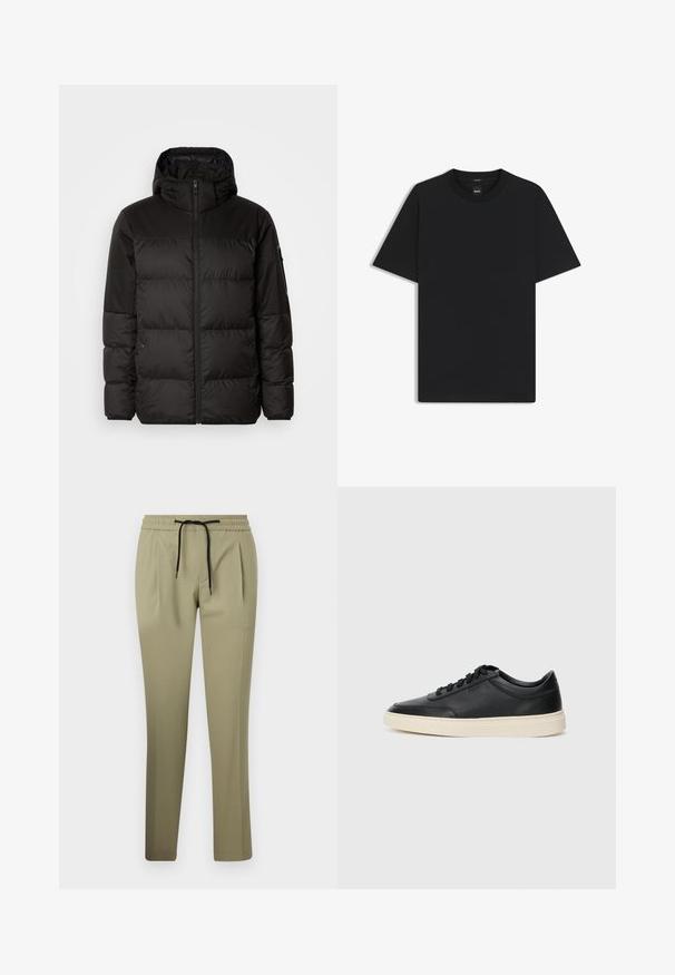 Svart puffjacka med blixtlås, huva, quiltade sektioner och elastiska mudd, tillverkad av ett slätt, vattentåligt material.; Svart kortärmad T-shirt i en mjuk bomullsblandning, med rundad halsringning och en minimalistisk design utan mönster eller detaljer.; Khaki-byxor i ett mjukt tyg med avslappnad passform, featuring resårmidja och dragsko. Räta ben med sidofållar.; Svart låg skor i läder med svarta snören och off-white sula, visas i sidoprofil på vit bakgrund.