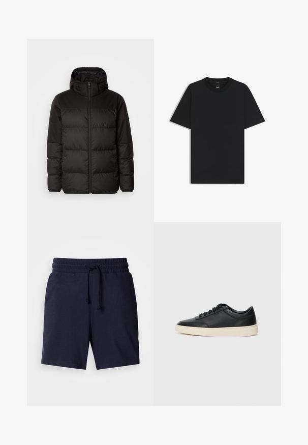 Schwarze Pufferjacke mit Reißverschluss, Kapuze, gesteppten Abschnitten und elastischen Bündchen, hergestellt aus einem glatten, wasserabweisenden Material.; Schwarz T-Shirt mit kurzen Ärmeln aus einem glatten Baumwollmix, mit Rundhalsausschnitt und einem minimalistischen Design ohne Muster oder Akzente.; Marineblaue Shorts mit lockerer Passform, elastischem Bund und verstellbarem Kordelzug. Leichtes Material mit glatter Textur.; Schwarzer niedriger Ledersneaker mit schwarzen Schnürsenkeln und cremefarbenem Sohlenrand, seitlich auf weißem Hintergrund dargestellt.
