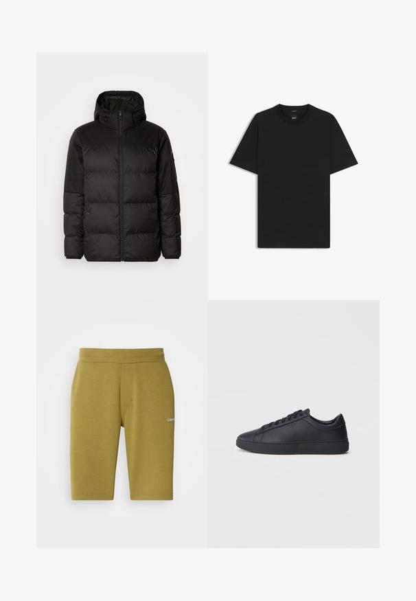Zwarte pufferjas met ritsluiting, een capuchon, gequiltte secties en elastische manchetten, gemaakt van een glad, waterafstotend materiaal.; Zwarte korte mouwen T-shirt van een gladde katoenmix, met een ronde halslijn en een minimalistisch ontwerp zonder patronen of accenten.; Olijfgroene shorts van een zachte katoenen mix, met een gladde textuur, elastische tailleband en een discreet logo aan de linkerkant.; Zwarte sneakers van glad leer met een lage schacht, ronde neus en platte rubberen zool. Voorzien van veters en subtiele branding.