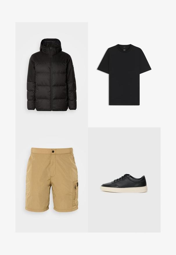 La doudoune noire est dotée d'une fermeture éclair, d'une capuche, de sections matelassées et de poignets élastiques, fabriquée à partir d'un matériau lisse et résistant à l'eau.; T-shirt noir à manches courtes en coton mélangé doux, avec un col rond et un design minimaliste sans motifs ni accents.; Shorts légers de couleur beige avec une texture, une poche avant et une poche cargo latérale dotée d'une fermeture éclair noire et d'un détail de marque.; Baskets en cuir noires à tiges basses avec lacets noirs et semelle ivoire, présentées en profil latéral sur fond blanc.