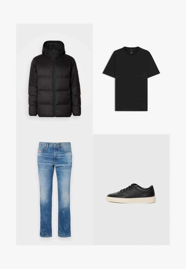 Zwarte pufferjas met ritsluiting, een capuchon, gequiltte secties en elastische manchetten, gemaakt van een glad, waterafstotend materiaal.; Zwarte korte mouwen T-shirt van een gladde katoenmix, met een ronde halslijn en een minimalistisch ontwerp zonder patronen of accenten.; Lichtblauwe denim jeans met een recht gesneden ontwerp, vijf zakken en een lichte vervaging bij de knieën. Voorzien van oranje stiksels en een knoopsluiting.; Zwarte leren sneaker met lage schacht, zwarte veters en off-white zool, weergegeven in zijprofiel op een witte achtergrond.