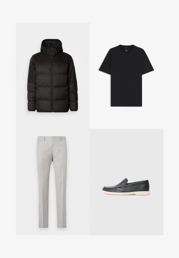 Il giubbotto puffo nero presenta una chiusura con zip, un cappuccio, sezioni trapuntate e polsini elastici, realizzato in un materiale liscio e resistente all'acqua.; Maglietta nera a maniche corte realizzata in un morbido misto cotone, con scollatura a girocollo e un design minimalista senza motivi o dettagli.; Pantaloni su misura grigio chiaro con una texture liscia, parte frontale piatta e due tasche laterali. Presentano gambe dritte e lievi dettagli di piega.; Mocassini neri in pelle con finitura testurizzata e suola in gomma beige a contrasto. Presentano un accento sottile lungo la parte anteriore.