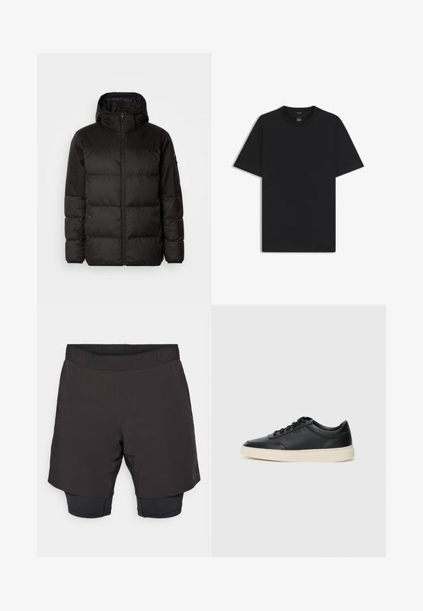 Zwarte pufferjas met ritsluiting, een capuchon, gequiltte secties en elastische manchetten, gemaakt van een glad, waterafstotend materiaal.; Zwarte korte mouwen T-shirt van een gladde katoenmix, met een ronde halslijn en een minimalistisch ontwerp zonder patronen of accenten.; Zwarte sportshorts met een elastische tailleband, met een kortere buitenlaag en een aansluitende binnenlaag, gemaakt van lichtgewicht stof.; Zwarte leren sneaker met lage schacht, zwarte veters en off-white zool, weergegeven in zijprofiel op een witte achtergrond.