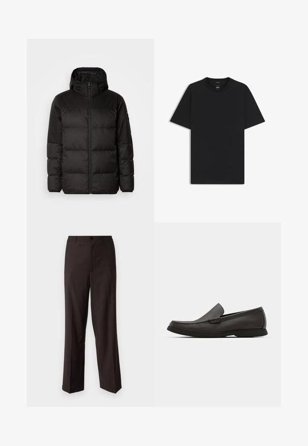 Musta puhvijakku sisältää vetoketjun, hupun, tilkuista koostuvia osioita ja joustavat hihansuut. Se on valmistettu sileästä, vedenpitävästä materiaalista.; Musta lyhythiha T-paita, joka on valmistettu sileästä puuvillasekoitteesta. Paita on varustettu pyöreällä pääntiehen ja siinä on minimaalinen muotoilu ilman kuvioita tai yksityiskohtia.; Mustat housut, jotka on valmistettu kevyestä kankaasta. Niissä on tasainen etuosa, yksittäinen napitus ja suora lahje, jossa on hienovaraiset taitteet.; Tummanruskeat nahka loaferit, joissa on pyöreä nenä, hienovaraiset ommelsyyt ja matala kumipohja. Sileä tekstuuri ja joustava istuvuus.