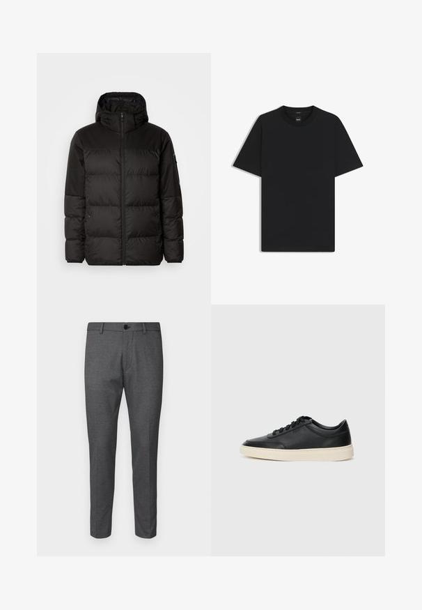 Black puffer jacket features a zip closure, a hood, quilted sections, and elastic cuffs, made from a smooth, water-resistant material.; Black short-sleeve T-shirt made from a smooth cotton blend, featuring a crew neckline and a minimalistic design with no patterns or accents.; DRYKORN AJEND - Chinos - black; Black low-top leather sneaker with black laces and off-white sole shown in side profile on white background.