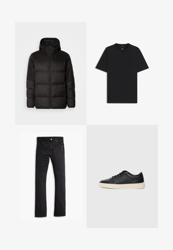 Black puffer jacket features a zip closure, a hood, quilted sections, and elastic cuffs, made from a smooth, water-resistant material.; Black short-sleeve T-shirt made from a smooth cotton blend, featuring a crew neckline and a minimalistic design with no patterns or accents.; Black denim jeans with a straight leg, five pocket design, button closure at the waist, and subtle stitching details. Smooth texture throughout.; Black low-top leather sneaker with black laces and off-white sole shown in side profile on white background.