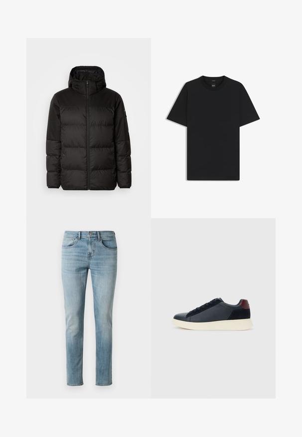 Zwarte pufferjas met ritsluiting, een capuchon, gequiltte secties en elastische manchetten, gemaakt van een glad, waterafstotend materiaal.; Zwarte korte mouwen T-shirt van een gladde katoenmix, met een ronde halslijn en een minimalistisch ontwerp zonder patronen of accenten.; Lichtblauwe jeans van katoen, met een slim fit, een vijf-pocket ontwerp, en een lichte vervaging met subtiele whiskerpatronen op de bovenbenen.; Lage herensneaker van zwart leer en suede met een bordeauxrode hieltab en een witte rubberen zool, gezien vanuit de buitenkant.