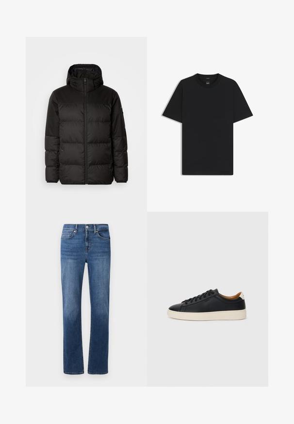 Il giubbotto puffo nero presenta una chiusura con zip, un cappuccio, sezioni trapuntate e polsini elastici, realizzato in un materiale liscio e resistente all'acqua.; Maglietta nera a maniche corte realizzata in un morbido misto cotone, con scollatura a girocollo e un design minimalista senza motivi o dettagli.; Jeans in denim blu scuro con design a gamba dritta, stile a cinque tasche e cuciture a contrasto. Presentano una chiusura con bottone e cerniera.; Sneakers in pelle nera con una texture liscia, suola in gomma beige, design con lacci e un accento del tacco in contrasto.