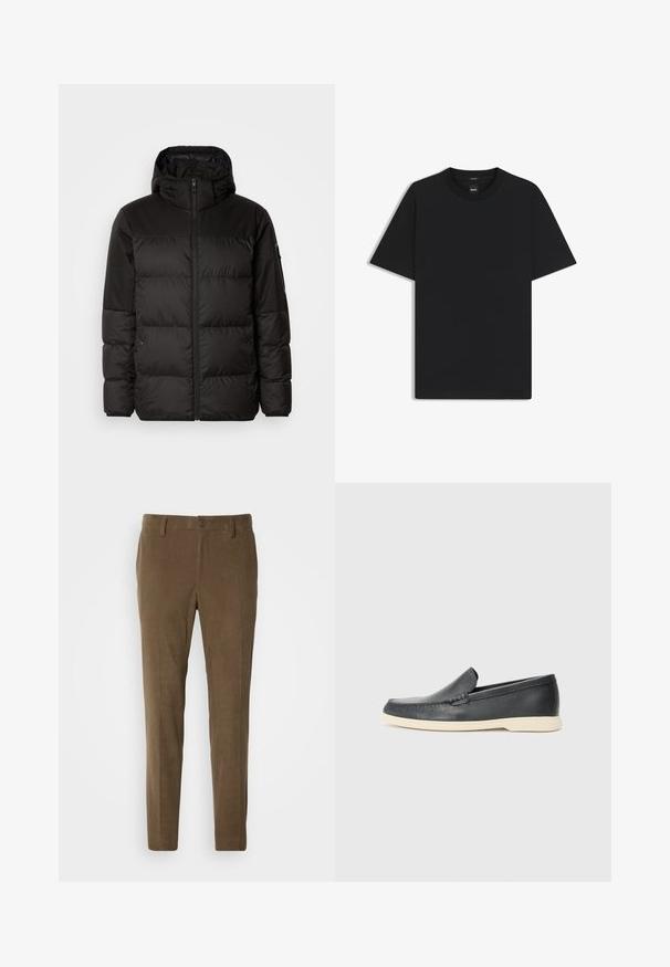 Svart puffjacka med blixtlås, huva, quiltade sektioner och elastiska mudd, tillverkad av ett slätt, vattentåligt material.; Svart kortärmad T-shirt i en mjuk bomullsblandning, med rundad halsringning och en minimalistisk design utan mönster eller detaljer.; Bruna corduroybyxor med en figursydd design, som har en dragkedja och en knappstängning. Texturen har distinkta ribbade mönster genom hela byxorna.; Svarta läder slip-on loafers med en texturerad yta och en kontrasterande beige gummisula. Har en subtil accent längs fram.