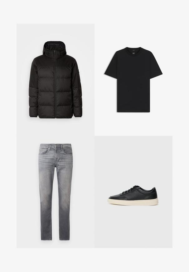 Il giubbotto puffo nero presenta una chiusura con zip, un cappuccio, sezioni trapuntate e polsini elastici, realizzato in un materiale liscio e resistente all'acqua.; Maglietta nera a maniche corte realizzata in un morbido misto cotone, con scollatura a girocollo e un design minimalista senza motivi o dettagli.; Jeans in denim grigio con vestibilità a gamba dritta, caratterizzati da un design sbiadito, cinque tasche e una vita standard con chiusura a bottone.; Sneaker in pelle nera a basso profilo con lacci neri e suola avorio, mostrato di profilo su sfondo bianco.