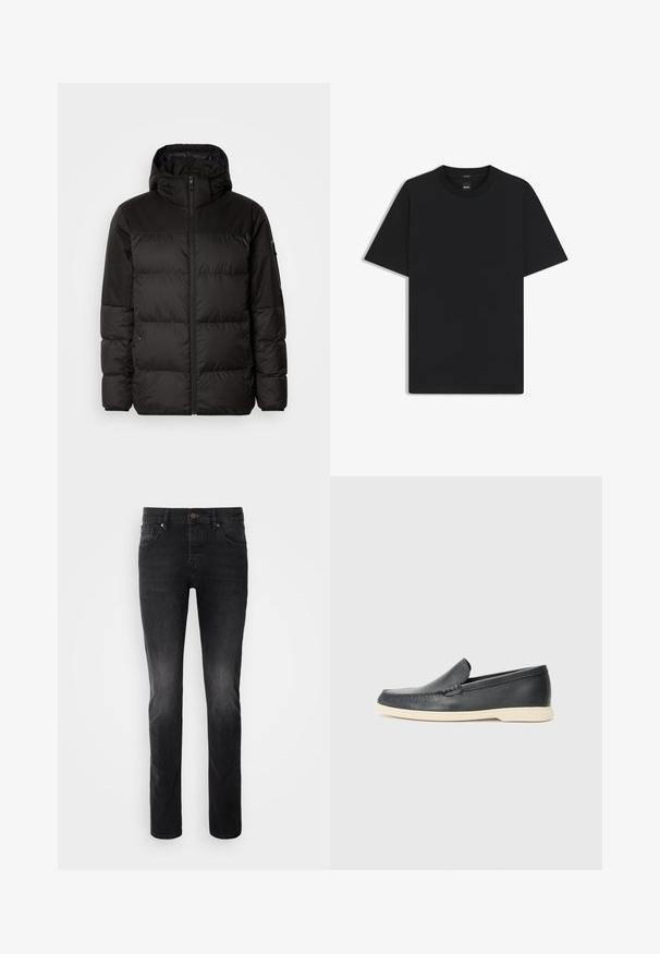 Schwarze Pufferjacke mit Reißverschluss, Kapuze, gesteppten Abschnitten und elastischen Bündchen, hergestellt aus einem glatten, wasserabweisenden Material.; Schwarz T-Shirt mit kurzen Ärmeln aus einem glatten Baumwollmix, mit Rundhalsausschnitt und einem minimalistischen Design ohne Muster oder Akzente.; Schwarze Jeans aus Denim mit geradem Schnitt, Knopfverschluss, fünf Taschen und einem leichten Verblassungs-Effekt auf dem Stoff.; Schwarze Leder-Slipper mit strukturiertem Finish und einer kontrastierenden beige Gummisohle. Mit einem dezenten Akzent an der Vorderseite.