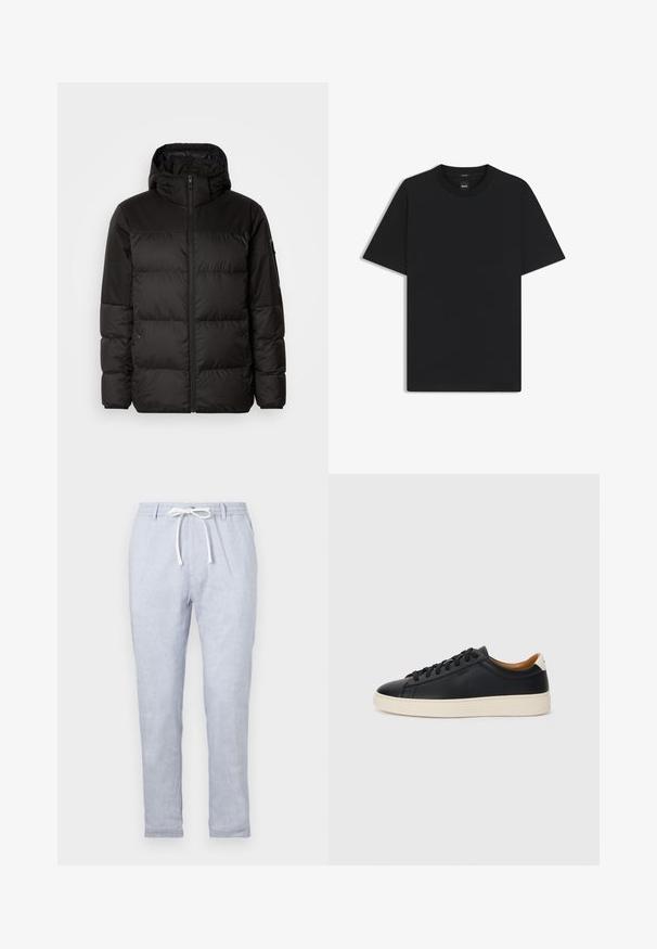 Zwarte pufferjas met ritsluiting, een capuchon, gequiltte secties en elastische manchetten, gemaakt van een glad, waterafstotend materiaal.; Zwarte korte mouwen T-shirt van een gladde katoenmix, met een ronde halslijn en een minimalistisch ontwerp zonder patronen of accenten.; Lichtblauwe linnen broek met een koord in de taille, rechte pijpen en subtiele textuur, zonder zakken of zichtbare hardware-details.; Zwarte leren sneakers met een gladde textuur, beige rubberen zool, vetersluiting en een contrasterende hielaccent.