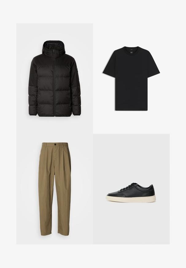 Svart puffjacka med blixtlås, huva, quiltade sektioner och elastiska mudd, tillverkad av ett slätt, vattentåligt material.; Svart kortärmad T-shirt i en mjuk bomullsblandning, med rundad halsringning och en minimalistisk design utan mönster eller detaljer.; Kamelfärgade raka byxor med veck, bältesloopar och en enda svart knapp i midjan, visade på en vit bakgrund.; Svart låg skor i läder med svarta snören och off-white sula, visas i sidoprofil på vit bakgrund.