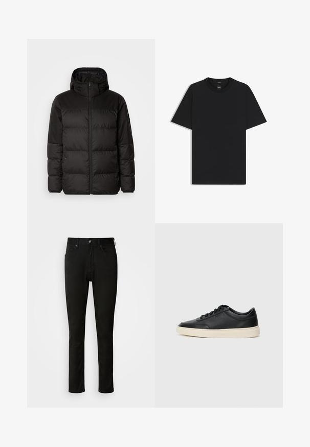 Czarna kurtka puchowa z zapięciem na zamek, kapturem, pikowanymi sekcjami i elastycznymi mankietami, wykonana z gładkiego, wodoodpornego materiału.; Czarny t-shirt krótki rękaw wykonany z gładkiej mieszanki bawełny, z okrągłym dekoltem i minimalistycznym designem bez wzorów czy akcentów.; Czarne dżinsy slim-fit z materiału denim, z przednimi kieszeniami, zapięciem na guzik i akcentami w postaci przeszyć, o gładkiej fakturze.; Czarne niskie skórzane sneakersy z czarnymi sznurówkami i off-white podeszwą, prezentowane w profilu bocznym na białym tle.
