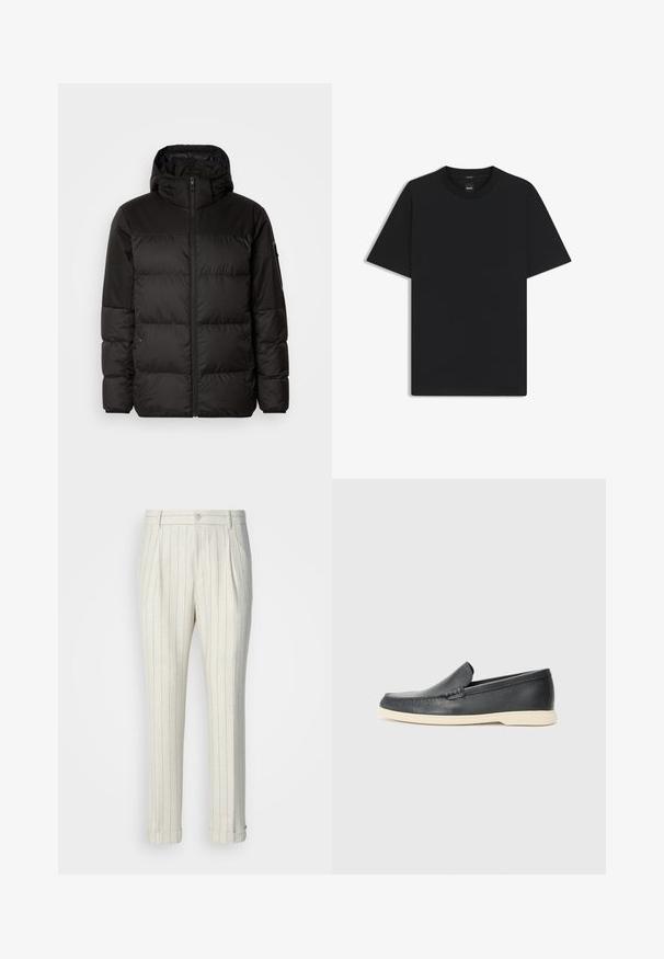 Musta puhvijakku sisältää vetoketjun, hupun, tilkuista koostuvia osioita ja joustavat hihansuut. Se on valmistettu sileästä, vedenpitävästä materiaalista.; Musta lyhythiha T-paita, joka on valmistettu sileästä puuvillasekoitteesta. Paita on varustettu pyöreällä pääntiehen ja siinä on minimaalinen muotoilu ilman kuvioita tai yksityiskohtia.; Pliseehousut, jotka on valmistettu kevyestä kankaasta. Ne ovat kermanväriset ja niissä on ohuet siniset pystysuorat raidat. Housuissa on käänteet ja yksi etunappi.; Mustat nahkakengät ilman nauhoja, joissa on teksturoitu pinta ja kontrastoiva beige kumipohja. Kengissä on hillitty yksityiskohta etuosassa.