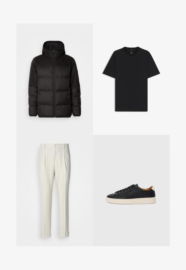 Sort pufferjakke med lynlås, hætte, quiltede sektioner og elastiske manchetter, lavet af et glat, vandafvisende materiale.; Sort kortærmet T-shirt lavet af en glat bomuldsblanding, med en rund halsudskæring og et minimalistisk design uden mønstre eller accenter.; Plissébukser lavet af let stof, med en cremefarvet bund og tynde blå lodrette striber. Med oppyntede kanter og en enkelt frontknap.; Sorte lædersneakers med en glat overflade, beige gummisål, snørebåndsdesign og en kontrastfarvet hæl.