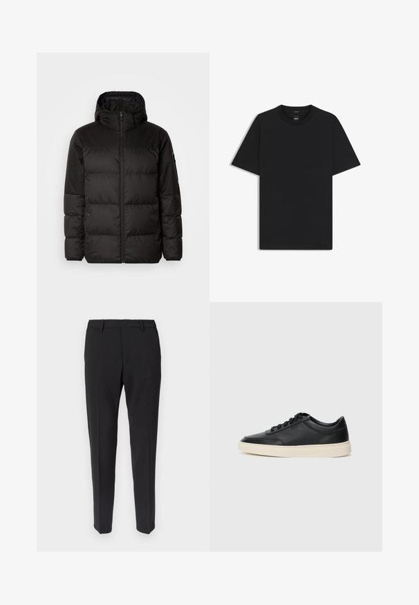 Svart puffjacka med blixtlås, huva, quiltade sektioner och elastiska mudd, tillverkad av ett slätt, vattentåligt material.; Svart kortärmad T-shirt i en mjuk bomullsblandning, med rundad halsringning och en minimalistisk design utan mönster eller detaljer.; Svarta skräddarsydda byxor med rakt snitt, med slät textur, hällor för bälte och framfickor. Stängs med knapp och dragkedja.; Svart låg skor i läder med svarta snören och off-white sula, visas i sidoprofil på vit bakgrund.