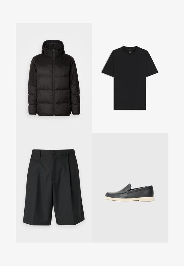 Black puffer jacket features a zip closure, a hood, quilted sections, and elastic cuffs, made from a smooth, water-resistant material.; Black short-sleeve T-shirt made from a smooth cotton blend, featuring a crew neckline and a minimalistic design with no patterns or accents.; Samsøe Samsøe MANDLA - Shorts - black; Black leather slip-on loafers with a textured finish and a contrasting beige rubber sole. Features a subtle accent along the front.