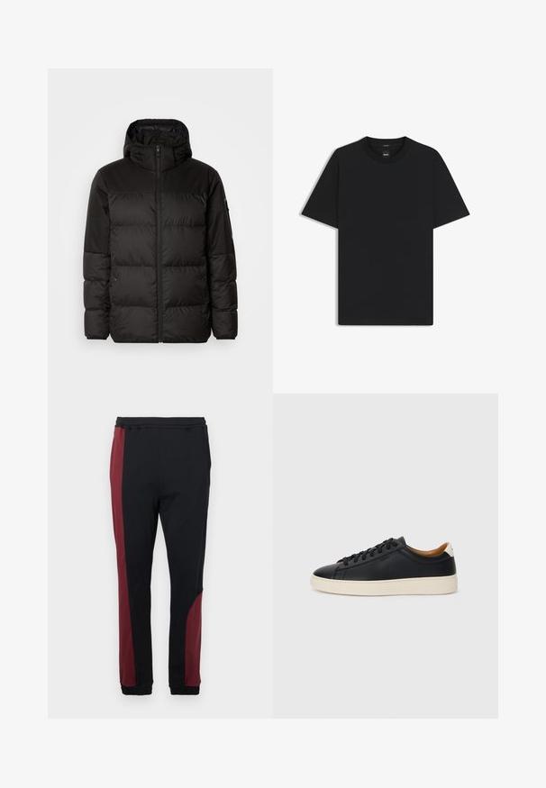 Zwarte pufferjas met ritsluiting, een capuchon, gequiltte secties en elastische manchetten, gemaakt van een glad, waterafstotend materiaal.; Zwarte korte mouwen T-shirt van een gladde katoenmix, met een ronde halslijn en een minimalistisch ontwerp zonder patronen of accenten.; Zwarte joggers met een bordeauxrode zijpaneel, elastische tailleband en boorden. Gemaakt van een gladde, rekbare stof voor comfort.; Zwarte leren sneakers met een gladde textuur, beige rubberen zool, vetersluiting en een contrasterende hielaccent.