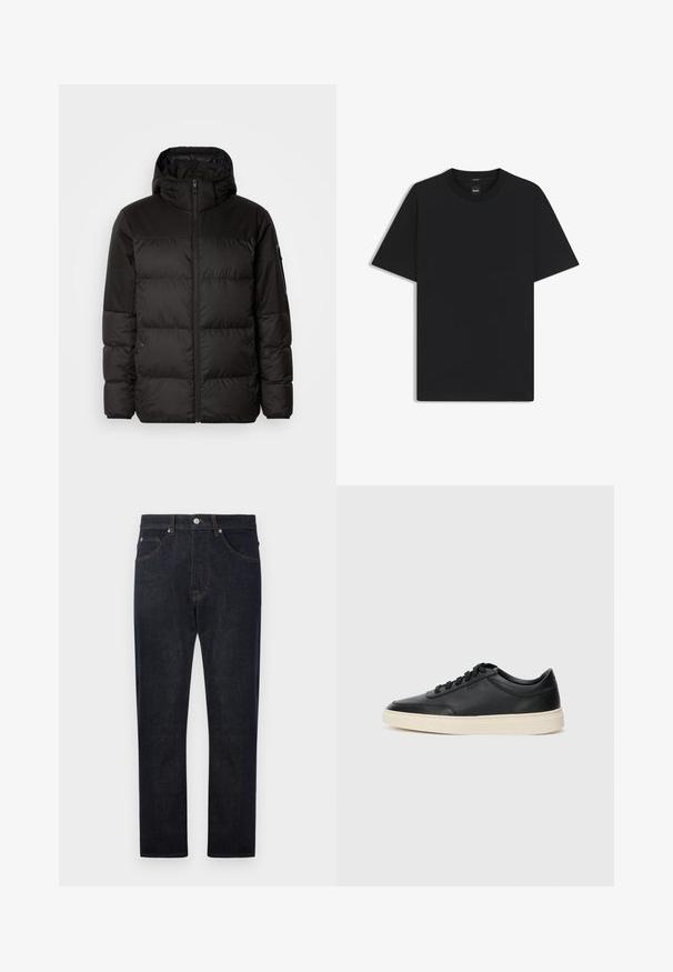 Musta puhvijakku sisältää vetoketjun, hupun, tilkuista koostuvia osioita ja joustavat hihansuut. Se on valmistettu sileästä, vedenpitävästä materiaalista.; Musta lyhythiha T-paita, joka on valmistettu sileästä puuvillasekoitteesta. Paita on varustettu pyöreällä pääntiehen ja siinä on minimaalinen muotoilu ilman kuvioita tai yksityiskohtia.; Tummansiniset farkut suoranlahkeisella muotoilulla, joissa on viisi taskua, kontrastiväriset oranssit tikkausompeleet ja napitus vyötäröllä.; Musta matalavartinen nahkastretchu, jossa on mustat nauhat ja vaaleanharmaa pohja, esitetty sivuprofiilissa valkoista taustaa vasten.