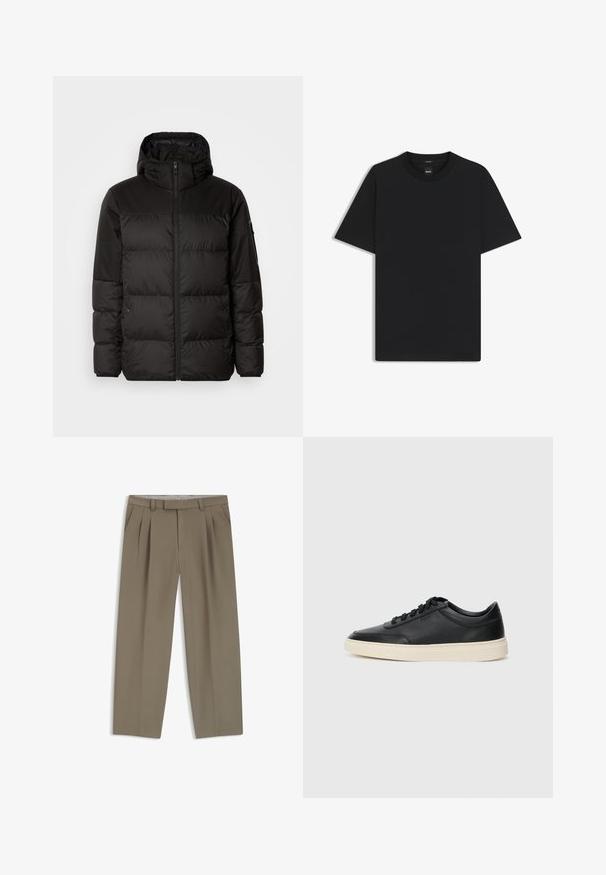 Black puffer jacket features a zip closure, a hood, quilted sections, and elastic cuffs, made from a smooth, water-resistant material.; Black short-sleeve T-shirt made from a smooth cotton blend, featuring a crew neckline and a minimalistic design with no patterns or accents.; Khaki pleated trousers with side pockets, belt loops, and a straight-leg cut, displayed flat on a white background.; Black low-top leather sneaker with black laces and off-white sole shown in side profile on white background.