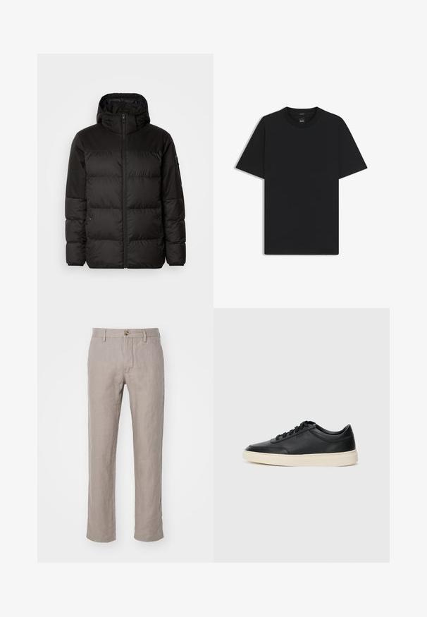 Musta puhvijakku sisältää vetoketjun, hupun, tilkuista koostuvia osioita ja joustavat hihansuut. Se on valmistettu sileästä, vedenpitävästä materiaalista.; Musta lyhythiha T-paita, joka on valmistettu sileästä puuvillasekoitteesta. Paita on varustettu pyöreällä pääntiehen ja siinä on minimaalinen muotoilu ilman kuvioita tai yksityiskohtia.; NN.07 THEO - Housut - camel; Musta matalavartinen nahkastretchu, jossa on mustat nauhat ja vaaleanharmaa pohja, esitetty sivuprofiilissa valkoista taustaa vasten.