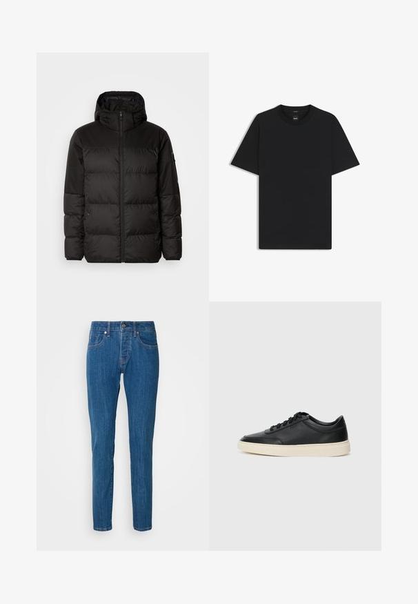 Black puffer jacket features a zip closure, a hood, quilted sections, and elastic cuffs, made from a smooth, water-resistant material.; Black short-sleeve T-shirt made from a smooth cotton blend, featuring a crew neckline and a minimalistic design with no patterns or accents.; Blue straight-leg jeans made of denim, featuring a standard five-pocket design, a button fly, and subtle fading along the legs.; Black low-top leather sneaker with black laces and off-white sole shown in side profile on white background.
