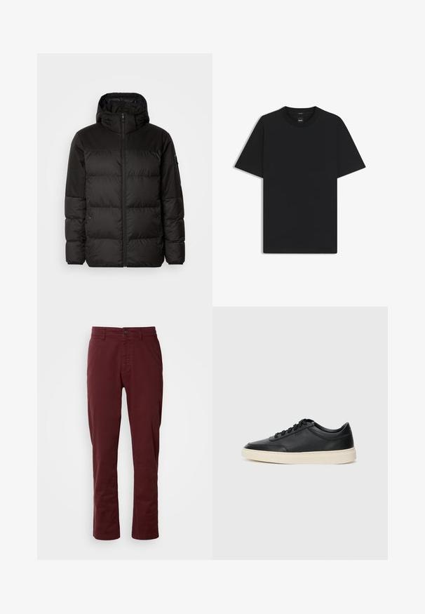 Il giubbotto puffo nero presenta una chiusura con zip, un cappuccio, sezioni trapuntate e polsini elastici, realizzato in un materiale liscio e resistente all'acqua.; Maglietta nera a maniche corte realizzata in un morbido misto cotone, con scollatura a girocollo e un design minimalista senza motivi o dettagli.; Pantaloni di cotone marroni con taglio dritto, tasche anteriori, chiusura con un singolo bottone e dettagli di cucitura visibili.; Sneaker in pelle nera a basso profilo con lacci neri e suola avorio, mostrato di profilo su sfondo bianco.