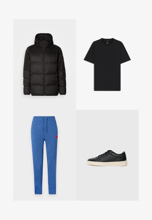 Zwarte pufferjas met ritsluiting, een capuchon, gequiltte secties en elastische manchetten, gemaakt van een glad, waterafstotend materiaal.; Zwarte korte mouwen T-shirt van een gladde katoenmix, met een ronde halslijn en een minimalistisch ontwerp zonder patronen of accenten.; Blauwe sweatpants met een elastische tailleband, koord, zijzakken en een rode logopatch op de voorkant. Zacht mengsel van katoen.; Zwarte leren sneaker met lage schacht, zwarte veters en off-white zool, weergegeven in zijprofiel op een witte achtergrond.