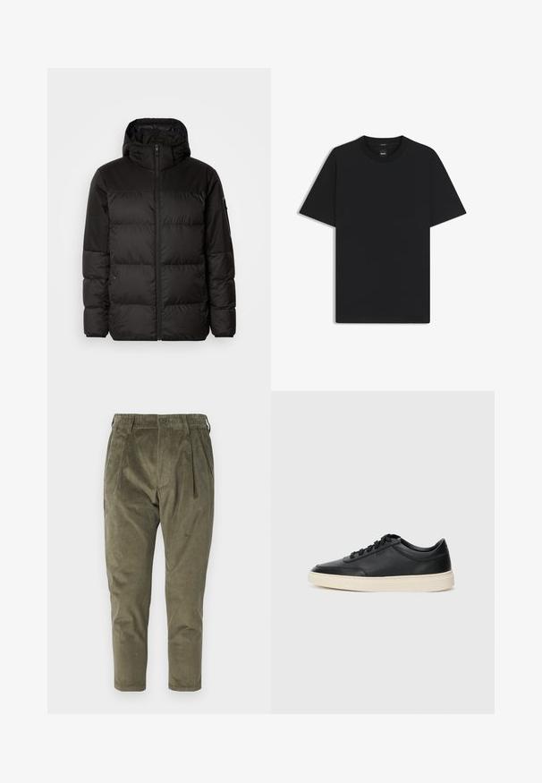 Black puffer jacket features a zip closure, a hood, quilted sections, and elastic cuffs, made from a smooth, water-resistant material.; Black short-sleeve T-shirt made from a smooth cotton blend, featuring a crew neckline and a minimalistic design with no patterns or accents.; Olive green corduroy pants with a relaxed fit, featuring pleats, an elastic waistband, and tapered legs. Textured fabric with vertical ribs.; Black low-top leather sneaker with black laces and off-white sole shown in side profile on white background.