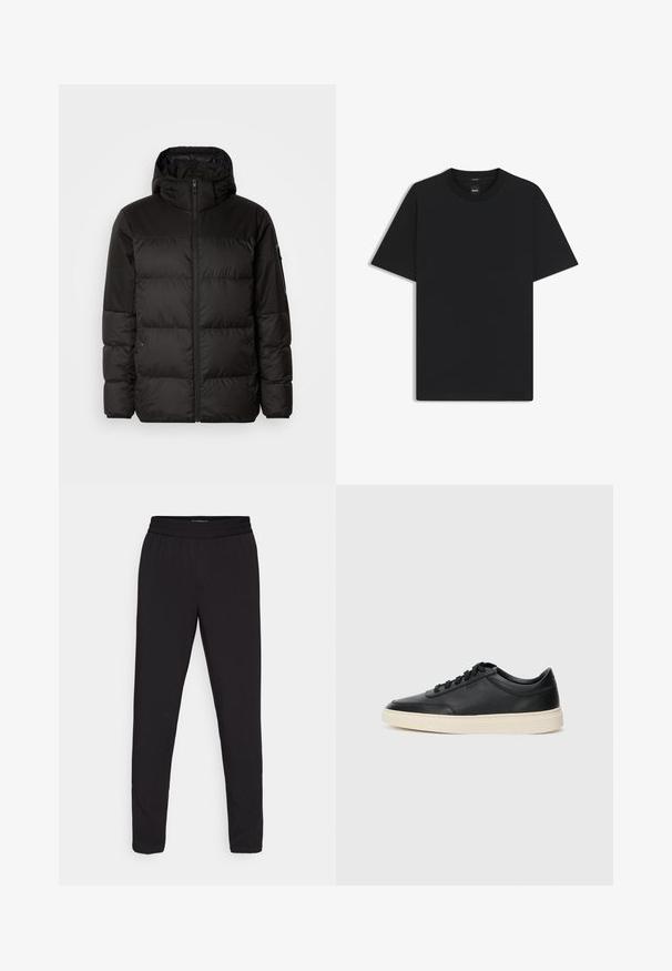 Black puffer jacket features a zip closure, a hood, quilted sections, and elastic cuffs, made from a smooth, water-resistant material.; Black short-sleeve T-shirt made from a smooth cotton blend, featuring a crew neckline and a minimalistic design with no patterns or accents.; Black tapered pants with an elastic waistband, made from a smooth, lightweight fabric, featuring no visible patterns or hardware details.; Black low-top leather sneaker with black laces and off-white sole shown in side profile on white background.
