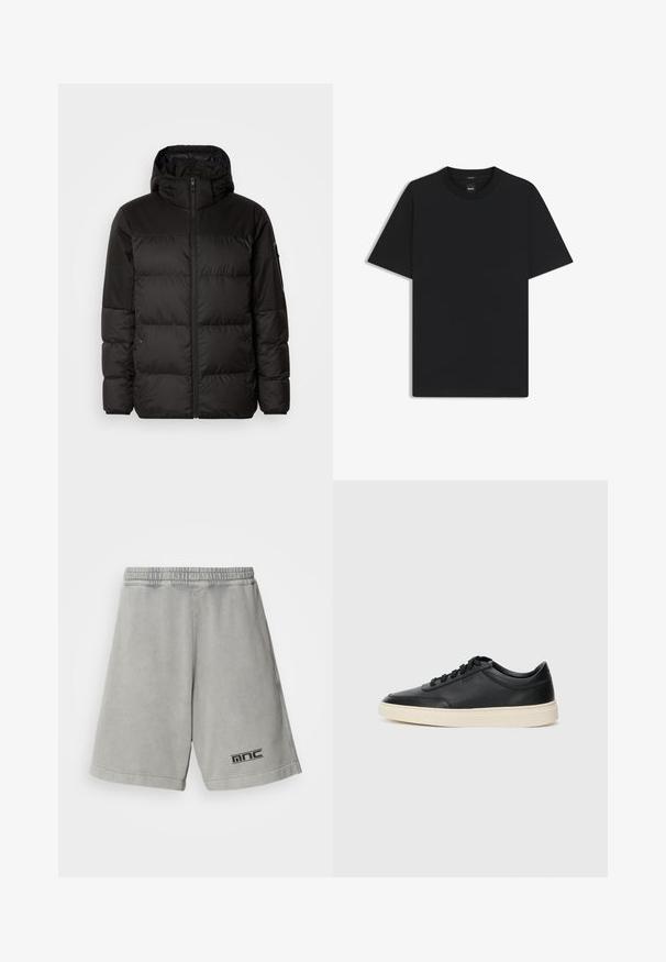 Sort pufferjakke med lynlås, hætte, quiltede sektioner og elastiske manchetter, lavet af et glat, vandafvisende materiale.; Sort kortærmet T-shirt lavet af en glat bomuldsblanding, med en rund halsudskæring og et minimalistisk design uden mønstre eller accenter.; Lys grå bomuldsshorts med elastisk talje, der har et sort logo på venstre nedre side og en glat, ensartet tekstur.; Sort lavt top lædersneaker med sorte snørebånd og off-white sål vist i sideprofil på hvid baggrund.