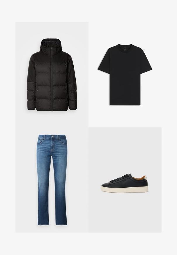 Schwarze Pufferjacke mit Reißverschluss, Kapuze, gesteppten Abschnitten und elastischen Bündchen, hergestellt aus einem glatten, wasserabweisenden Material.; Schwarz T-Shirt mit kurzen Ärmeln aus einem glatten Baumwollmix, mit Rundhalsausschnitt und einem minimalistischen Design ohne Muster oder Akzente.; Blaue Jeans aus Denim mit geradem Schnitt, mittlerer Bundhöhe, fünf Taschen und glatter Textur. Dezente Ausbleichungen und Kontrastnähte.; Schwarze Ledersneaker mit glatter Textur, beiger Gummisohle, Schnürdesign und einem kontrastierenden Fersenakzent.