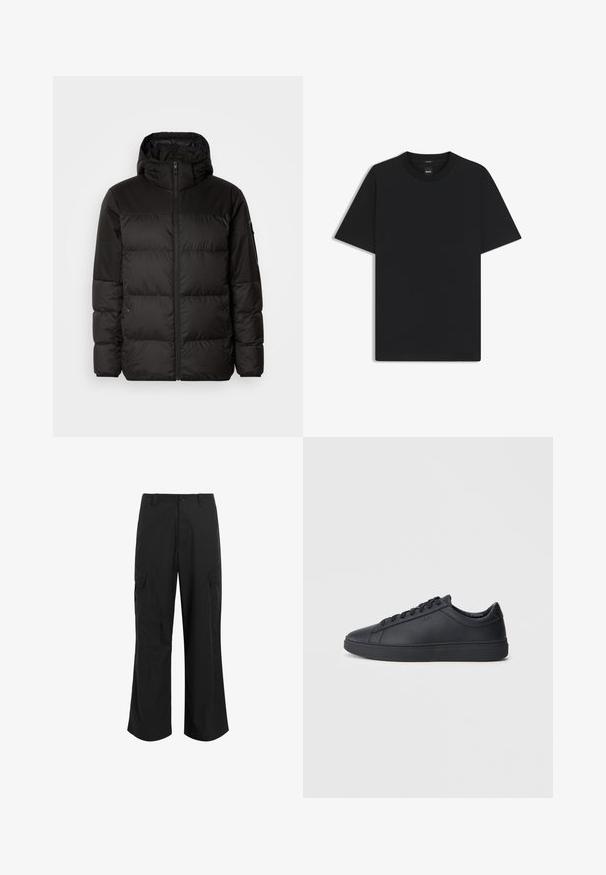 Zwarte pufferjas met ritsluiting, een capuchon, gequiltte secties en elastische manchetten, gemaakt van een glad, waterafstotend materiaal.; Zwarte korte mouwen T-shirt van een gladde katoenmix, met een ronde halslijn en een minimalistisch ontwerp zonder patronen of accenten.; Zwarte cargobroek van lichtgewicht stof, met een relaxte pasvorm, twee grote zijzakken en een knoopsluiting.; Zwarte sneakers van glad leer met een lage schacht, ronde neus en platte rubberen zool. Voorzien van veters en subtiele branding.
