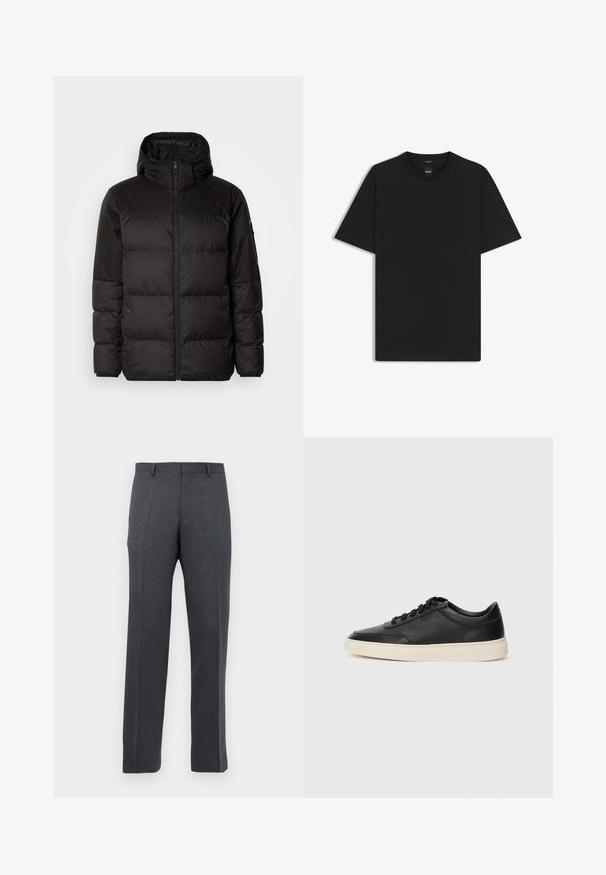 Musta puhvijakku sisältää vetoketjun, hupun, tilkuista koostuvia osioita ja joustavat hihansuut. Se on valmistettu sileästä, vedenpitävästä materiaalista.; Musta lyhythiha T-paita, joka on valmistettu sileästä puuvillasekoitteesta. Paita on varustettu pyöreällä pääntiehen ja siinä on minimaalinen muotoilu ilman kuvioita tai yksityiskohtia.; Miestne tmavošedé oblekové nohavice s pútkami na opasok a prednými záhybmi, vystavené na bielom pozadí.; Musta matalavartinen nahkastretchu, jossa on mustat nauhat ja vaaleanharmaa pohja, esitetty sivuprofiilissa valkoista taustaa vasten.