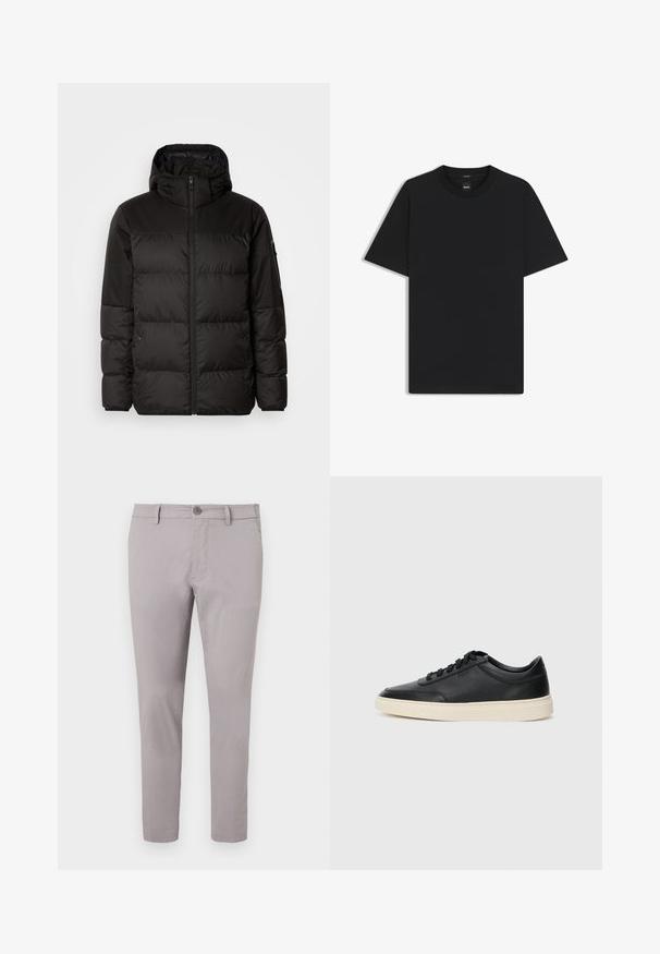 Black puffer jacket features a zip closure, a hood, quilted sections, and elastic cuffs, made from a smooth, water-resistant material.; Black short-sleeve T-shirt made from a smooth cotton blend, featuring a crew neckline and a minimalistic design with no patterns or accents.; Gray cotton chinos with a smooth texture, slim fit, front button closure, and side pockets. Ankle-length design with minimal detailing.; Black low-top leather sneaker with black laces and off-white sole shown in side profile on white background.