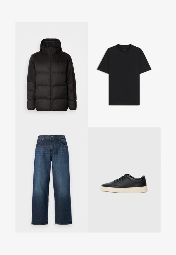 Czarna kurtka puchowa z zapięciem na zamek, kapturem, pikowanymi sekcjami i elastycznymi mankietami, wykonana z gładkiego, wodoodpornego materiału.; Czarny t-shirt krótki rękaw wykonany z gładkiej mieszanki bawełny, z okrągłym dekoltem i minimalistycznym designem bez wzorów czy akcentów.; Granatowe dżinsy o prostym kroju, z widocznym przeszyciem, pięcioma kieszeniami oraz zapięciem na guzik w pasie. Gładka tekstura.; Czarne niskie skórzane sneakersy z czarnymi sznurówkami i off-white podeszwą, prezentowane w profilu bocznym na białym tle.