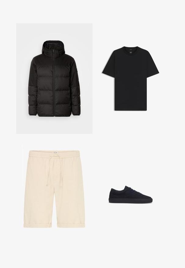 Sort pufferjakke med lynlås, hætte, quiltede sektioner og elastiske manchetter, lavet af et glat, vandafvisende materiale.; Sort kortærmet T-shirt lavet af en glat bomuldsblanding, med en rund halsudskæring og et minimalistisk design uden mønstre eller accenter.; Beige bomulds shorts med elastisk talje, justerbar snor og opkrøllet kant, designet til afslappet brug.; Les Deux TEDDY - Sneakers - dark navy